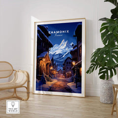 Chamonix poster featuring a moonlit street scene in France, enhancing home decor with ski resort charm.