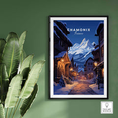 Chamonix poster featuring a moonlit street scene with snow-covered mountains, perfect for home decor and ski enthusiasts.