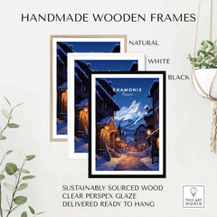 Handmade wooden frames in natural, white, and black, showcasing the Chamonix poster with a winter scenery. Sustainable and ready to hang.