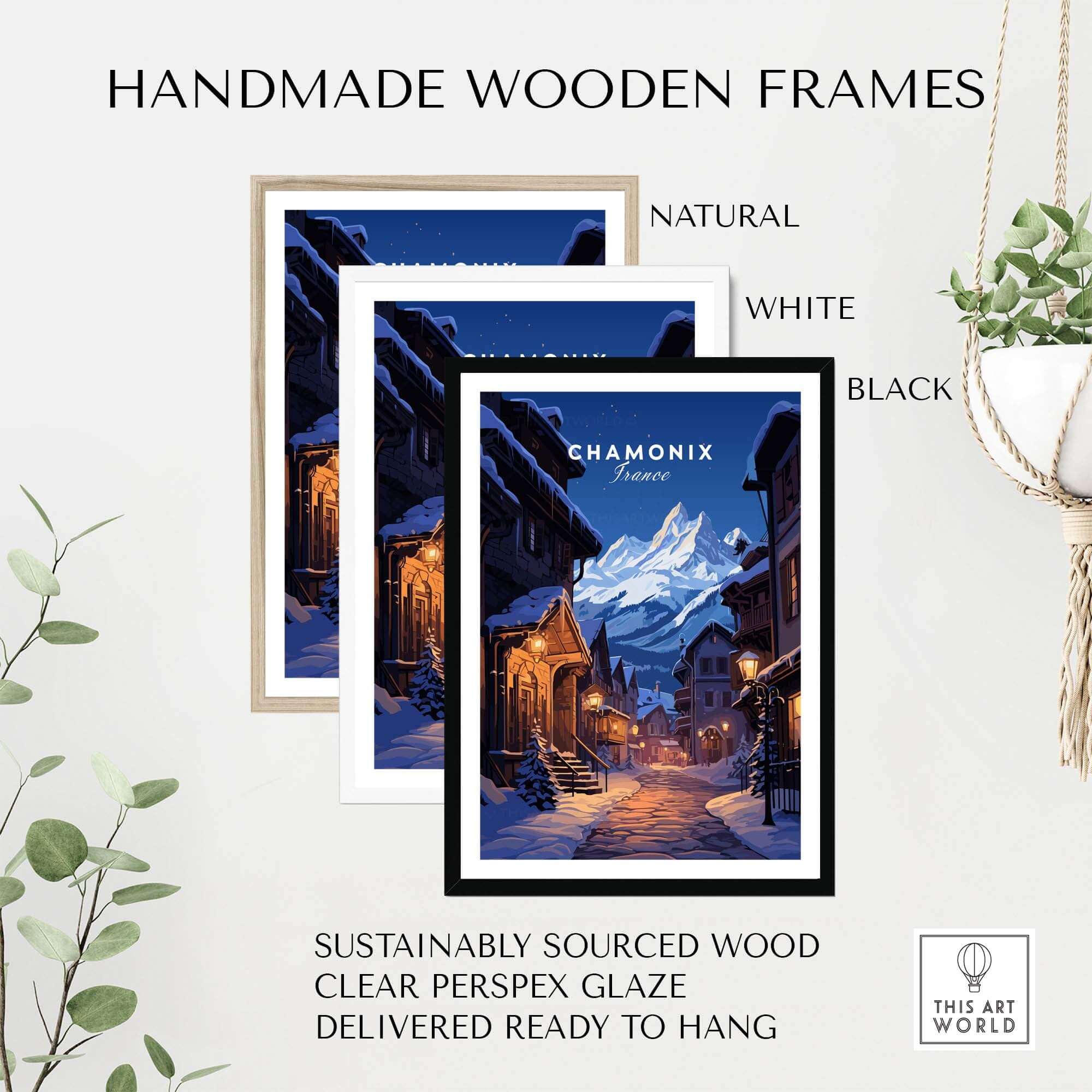 Handmade wooden frames in natural, white, and black, showcasing the Chamonix poster with a winter scenery. Sustainable and ready to hang.