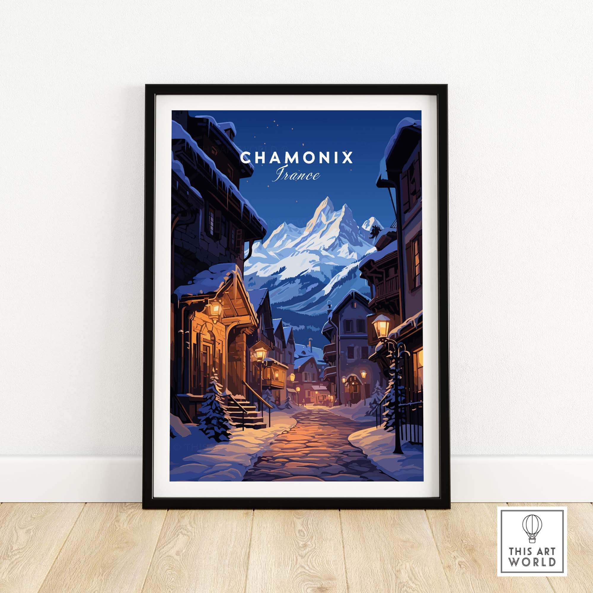 Chamonix Poster showcasing a winter evening scene in France, featuring snow-capped mountains and charming street lights.