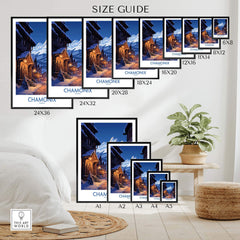 Size guide for Chamonix Print ski poster showing various dimensions displayed in a cozy living room setting.