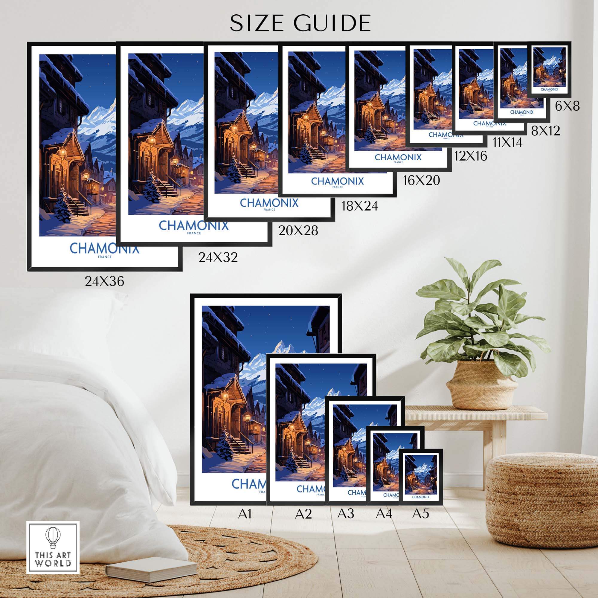 Size guide for Chamonix Print ski poster showing various dimensions displayed in a cozy living room setting.
