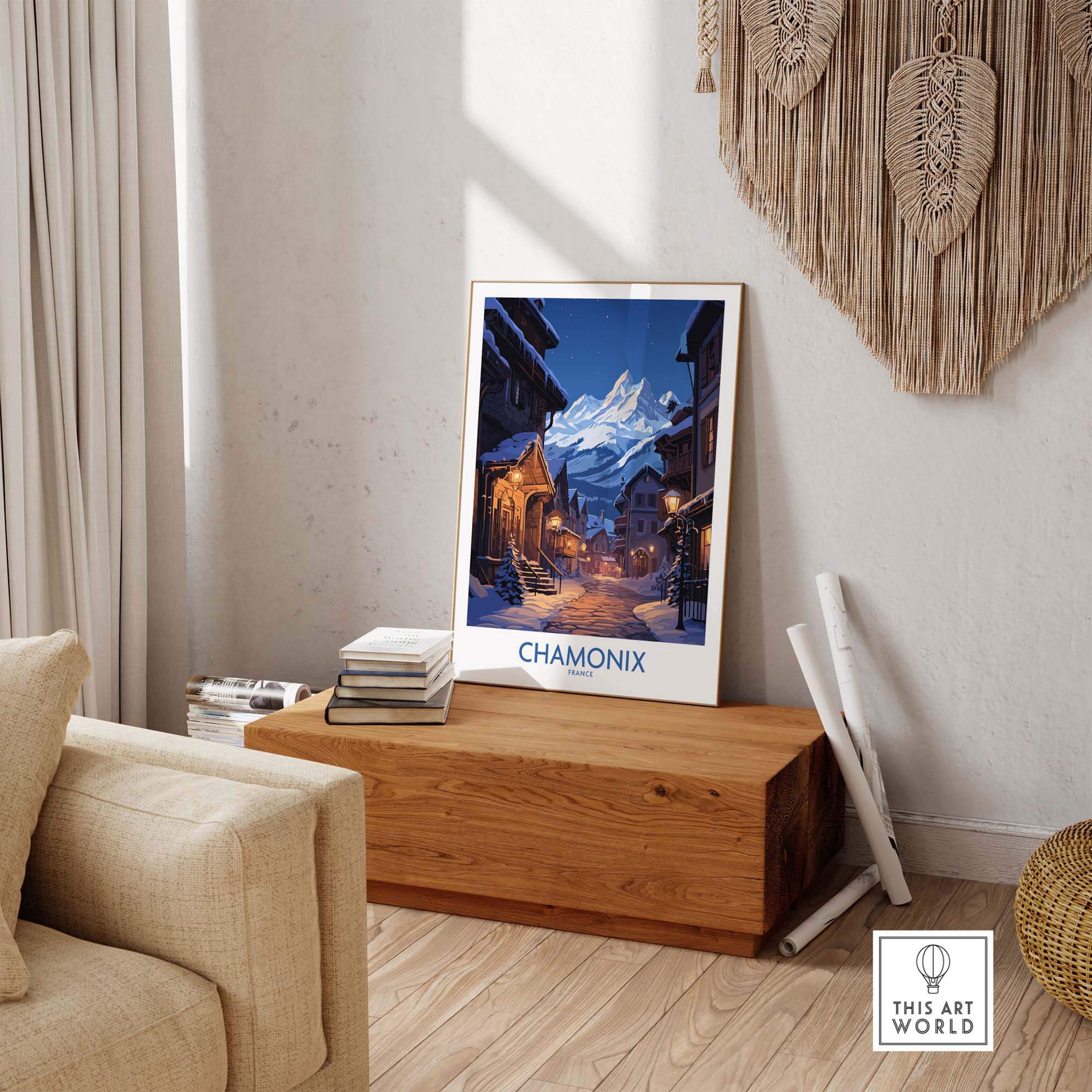 Chamonix Print ski poster displayed in a cozy living room, capturing mountain adventure and inspiration for home decor.