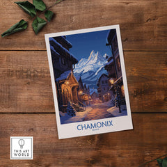 Chamonix Print ski poster showcasing a snowy village at night with mountains in the background, perfect for home decor.