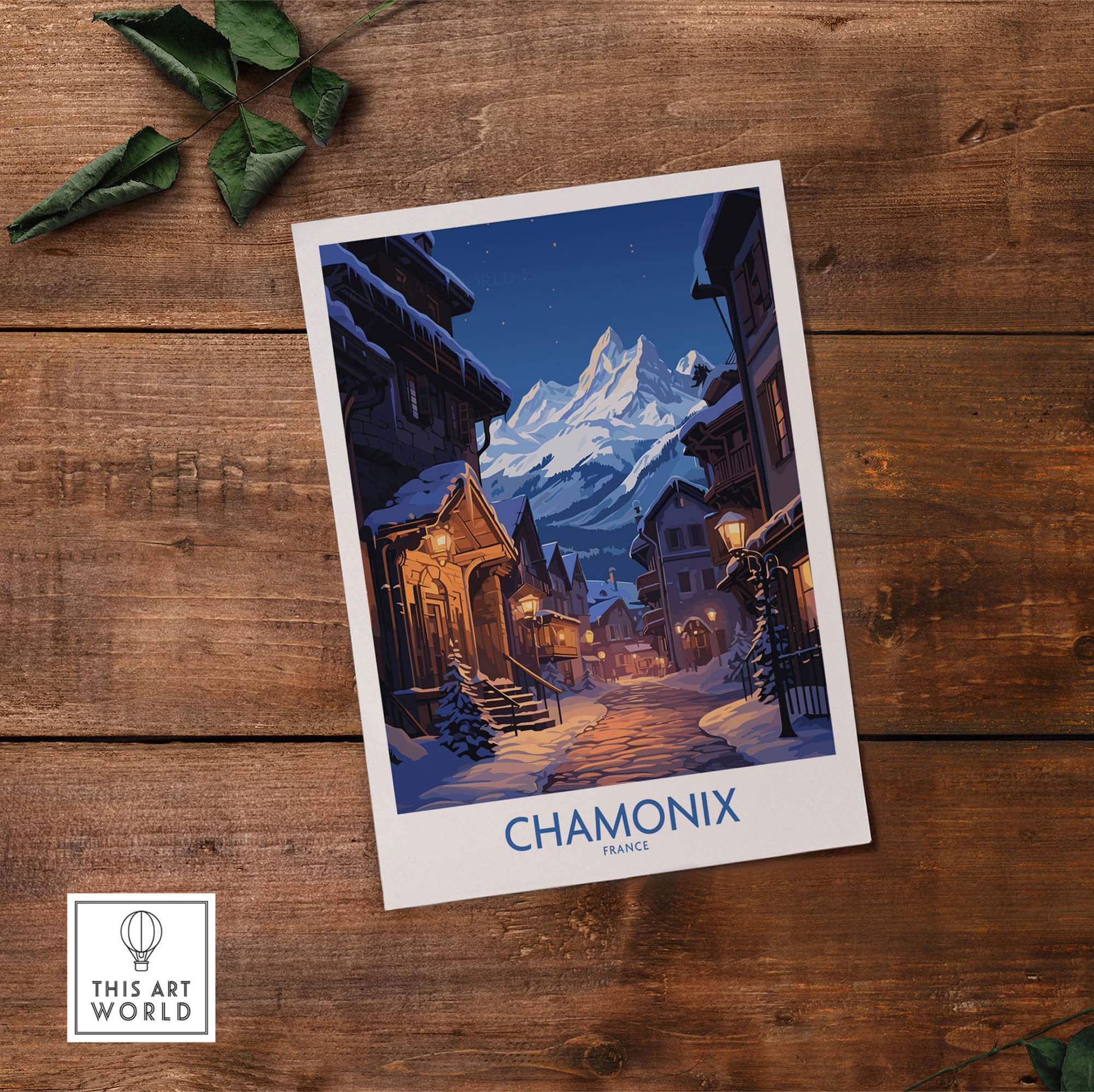 Chamonix Print ski poster showcasing a snowy village at night with mountains in the background, perfect for home decor.