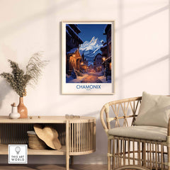 Chamonix Print ski poster displayed in a cozy living room, capturing mountain memories and inspiration.