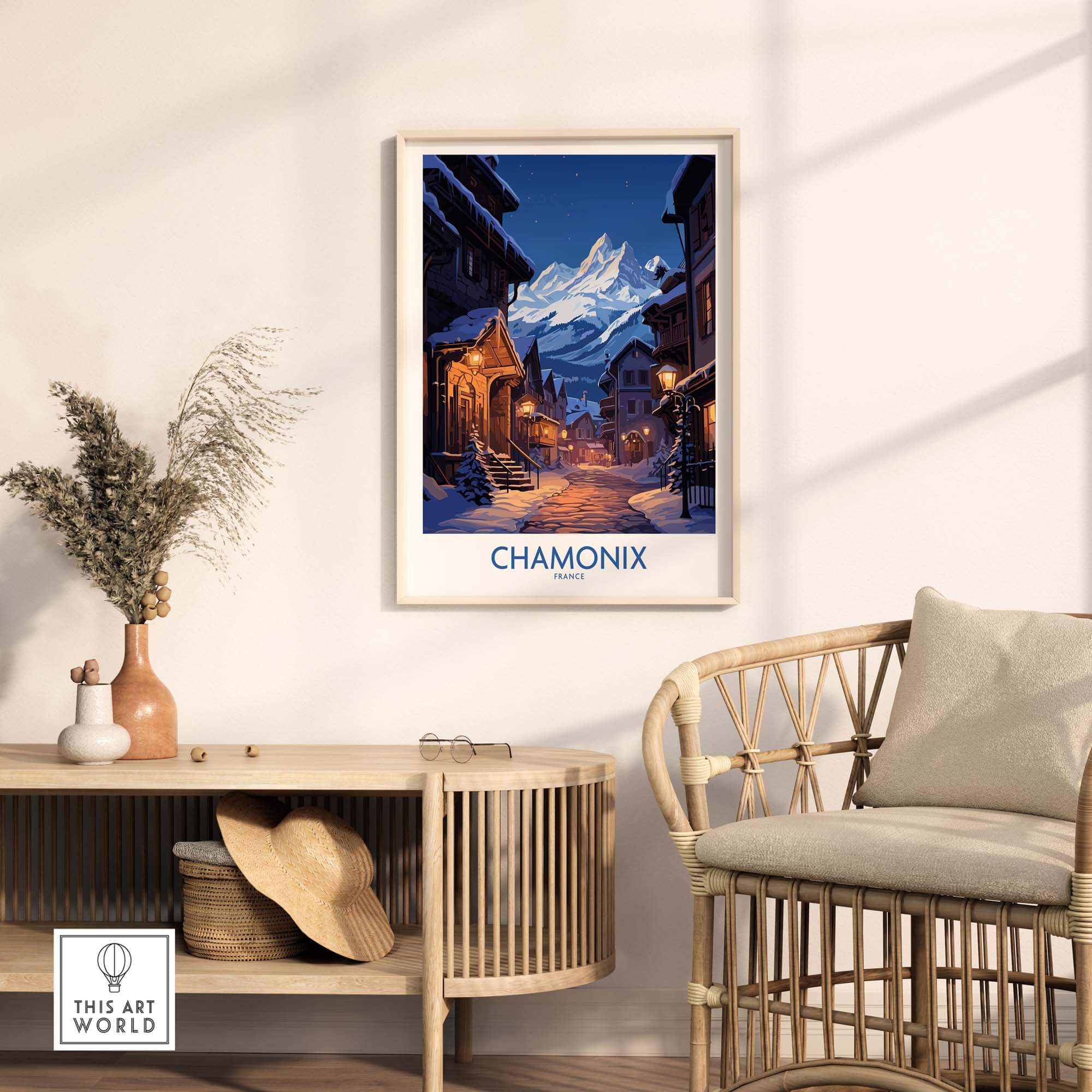 Chamonix Print ski poster displayed in a cozy living room, capturing mountain memories and inspiration.