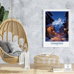 Chamonix Print ski poster displayed in a cozy room with a hanging chair and textured wall, evoking adventure memories.