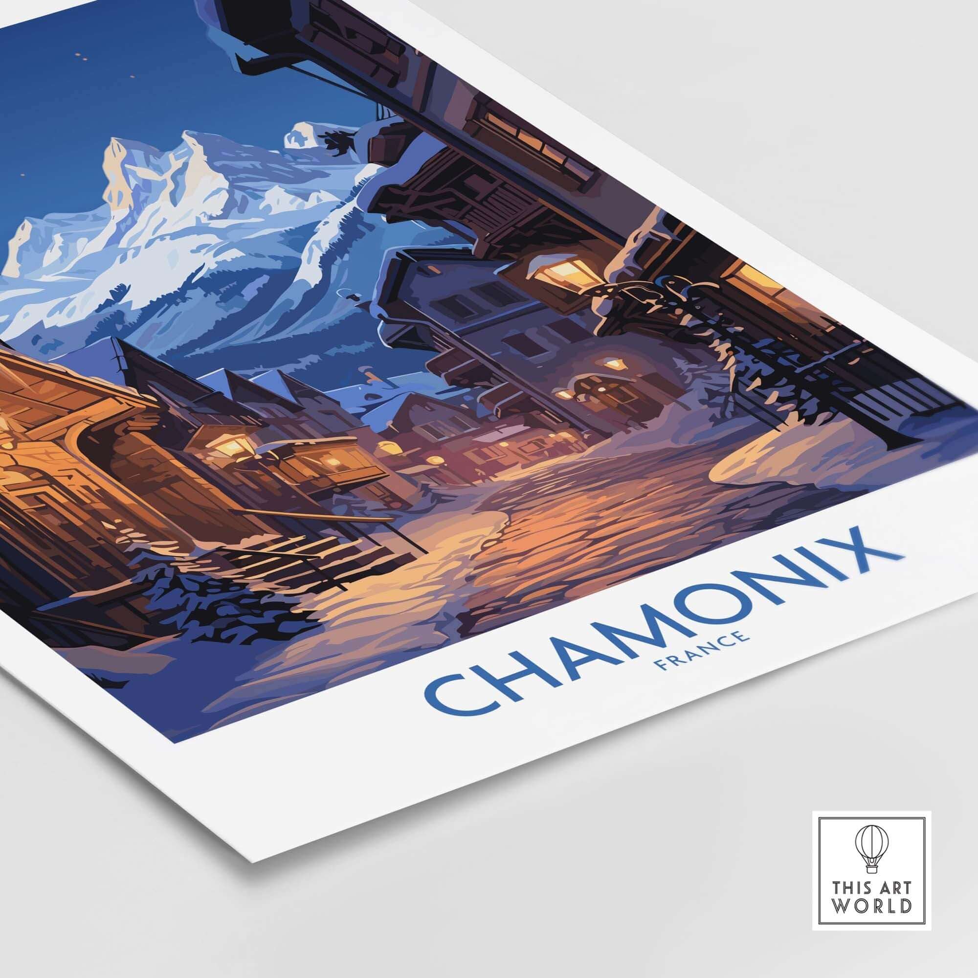 Chamonix Print poster featuring a snowy street scene in France, perfect for ski enthusiasts and home decor.
