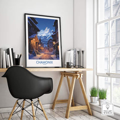 Chamonix Print ski poster displayed in a stylish home office setting with a modern chair and wooden desk.