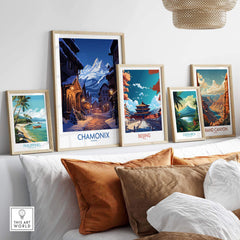 Chamonix Print ski poster displayed among travel-themed art prints in a cozy living room setting.