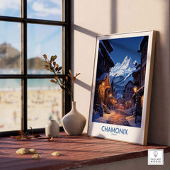Chamonix Print ski poster displayed by a window, capturing mountain memories and adventure in a cozy setting.