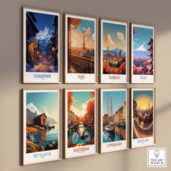 Collection of vintage city posters featuring Chamonix, Paris, Florence, Tokyo, Reykjavik, Amsterdam, Copenhagen, and Barcelona.