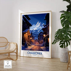Chamonix Print ski poster showcasing a snowy mountain scene, perfect for home decor or gifting. Evokes adventure and inspiration.