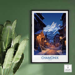 Chamonix Print ski poster showcasing a scenic village with mountains, perfect for home decor and gift giving.