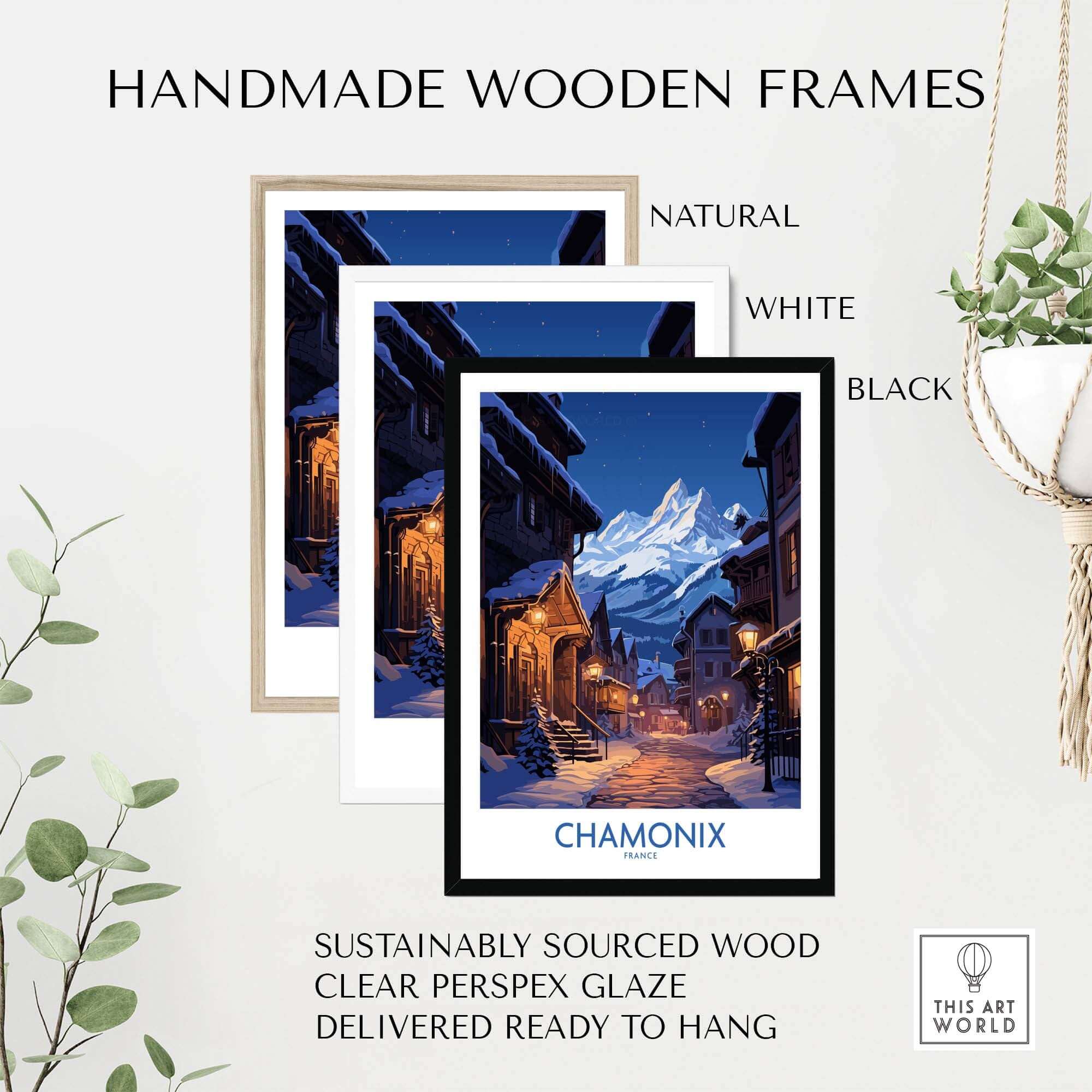 Handmade wooden frames for Chamonix Print, featuring natural, white, and black options, sustainably sourced and ready to hang.