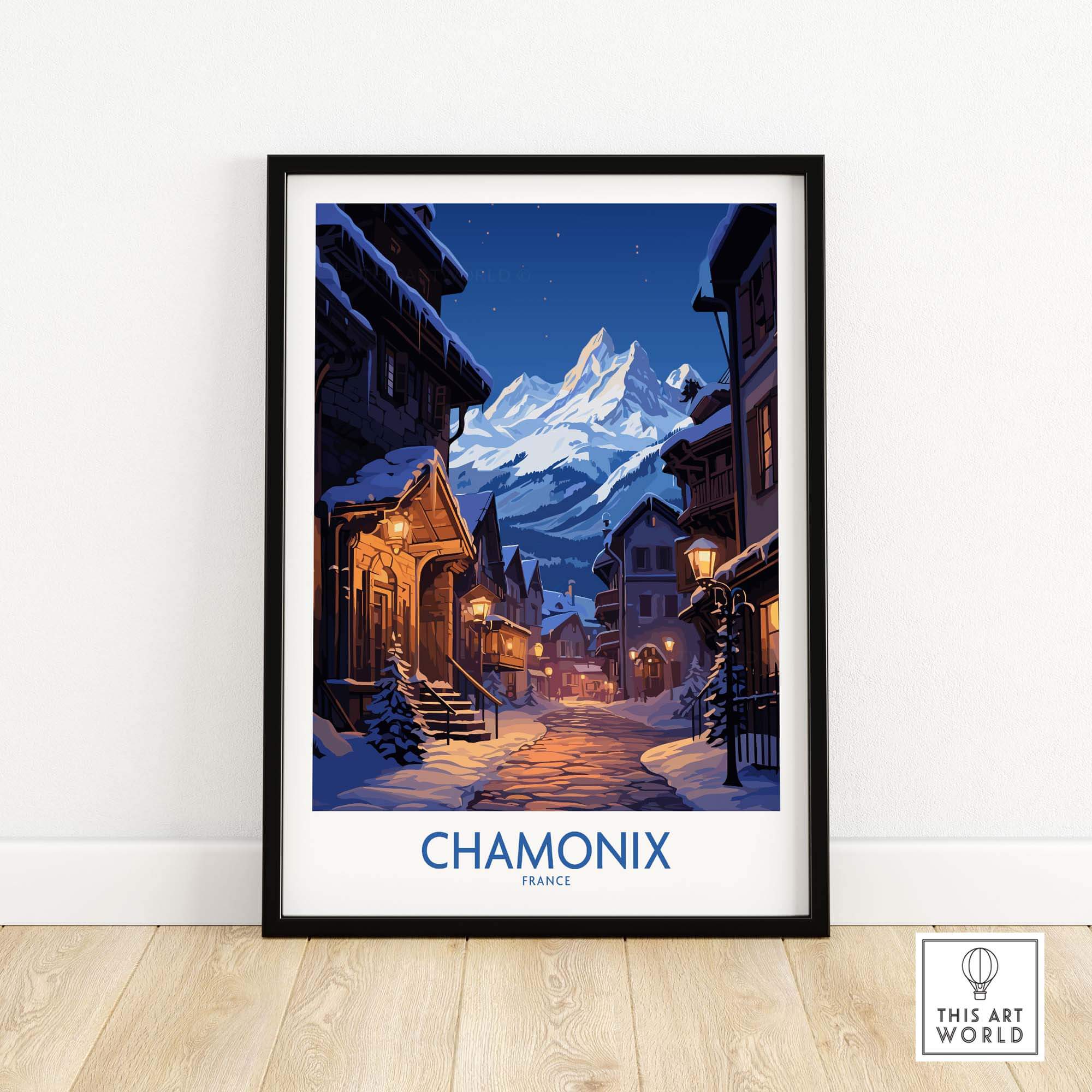Chamonix Print ski poster featuring a nighttime mountain scene with charming streetlights and snow-covered buildings.