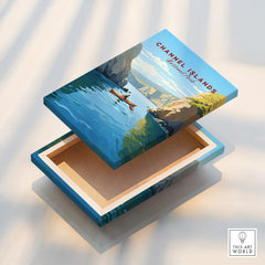 Channel Islands National Park wall art print with kayaker, blue ocean, cliffs, canvas floating frame