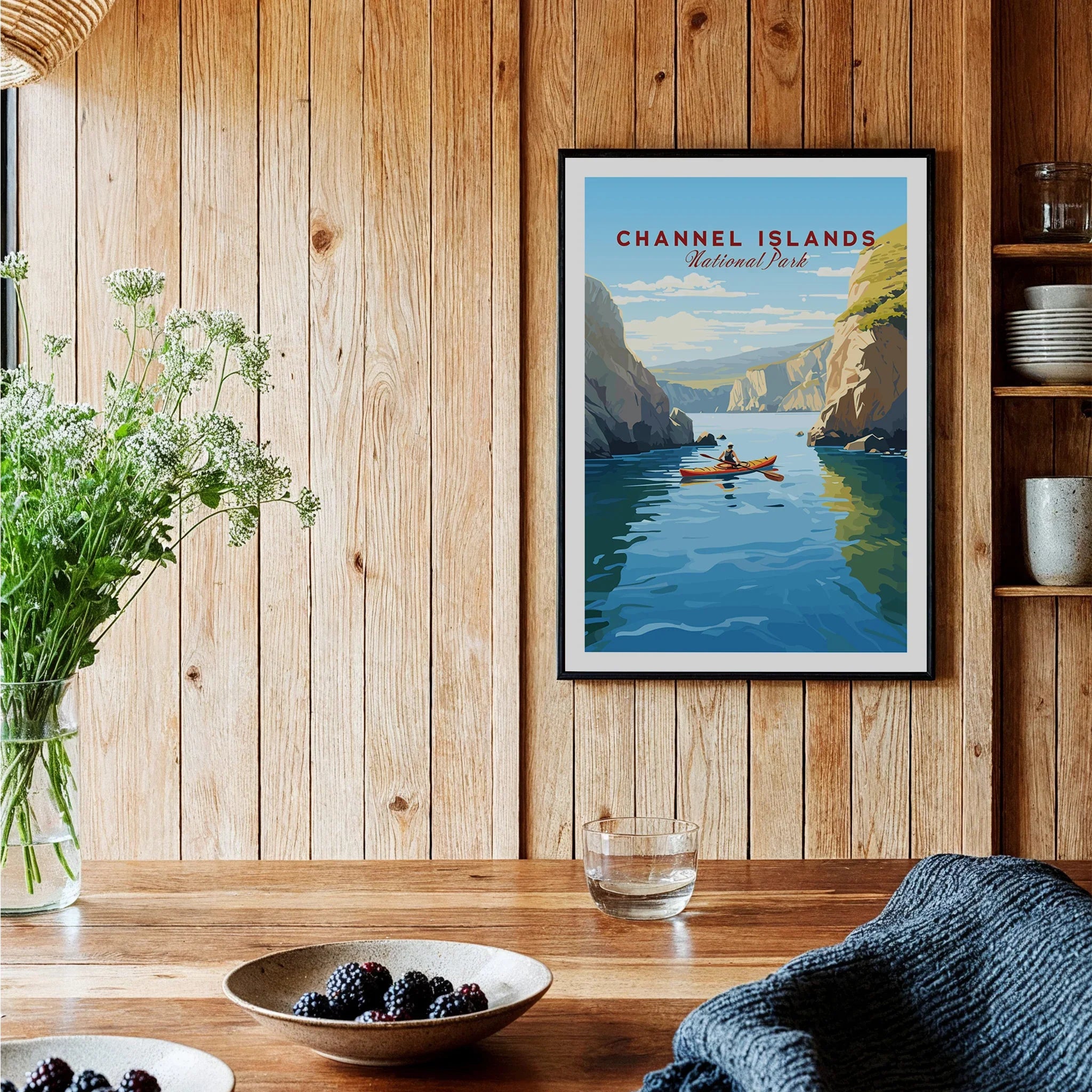 Channel Islands National Park travel poster art print in modern rustic kitchen setting