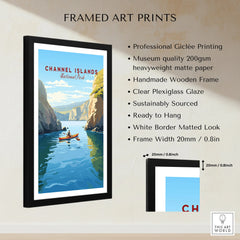 Framed Channel Islands National Park art print with kayaker, cliffs, and blue water, wall decor