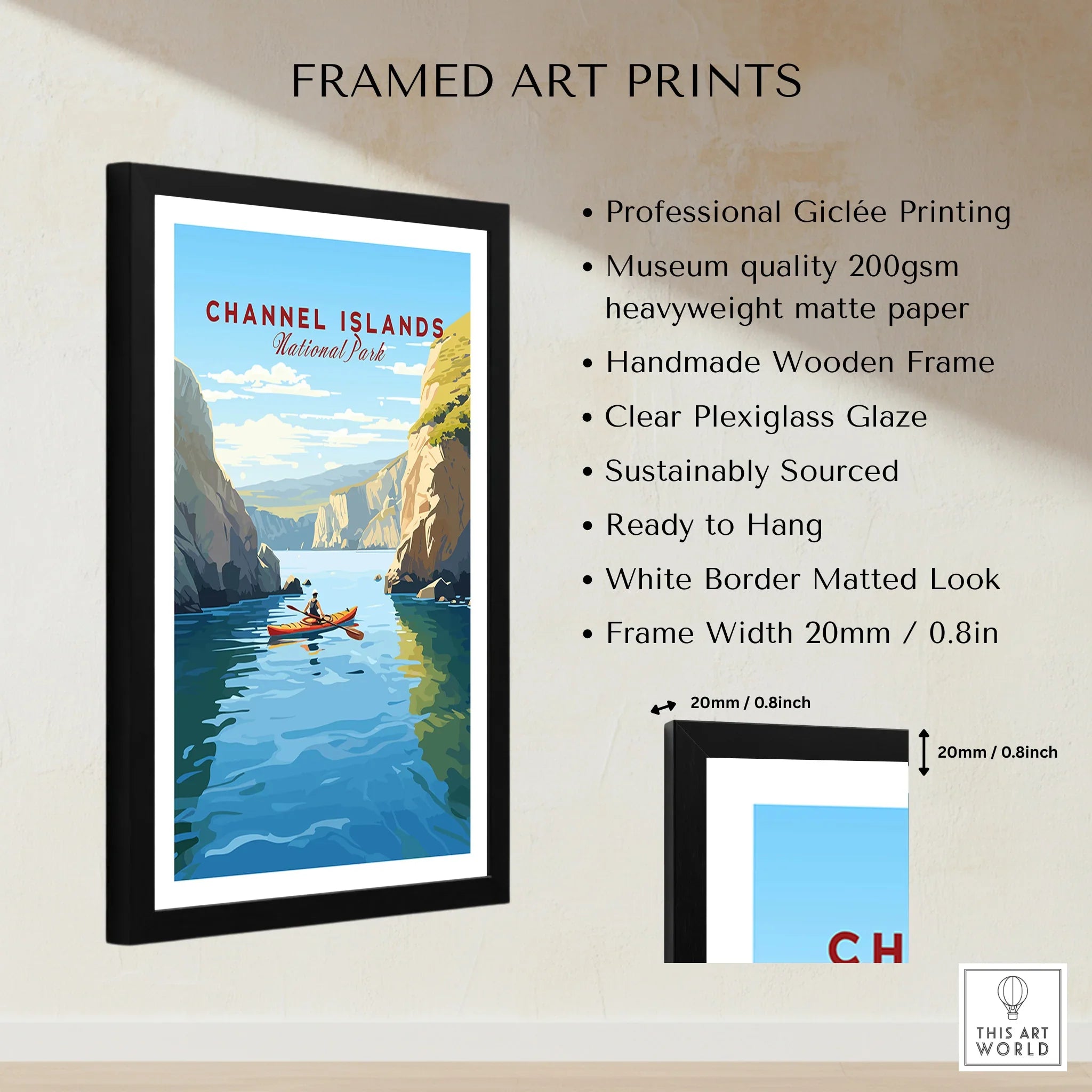 Framed Channel Islands National Park art print with kayaker, cliffs, and blue water, wall decor