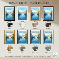 Channel Islands National Park travel poster print in eight frame color options, kayak on blue water.