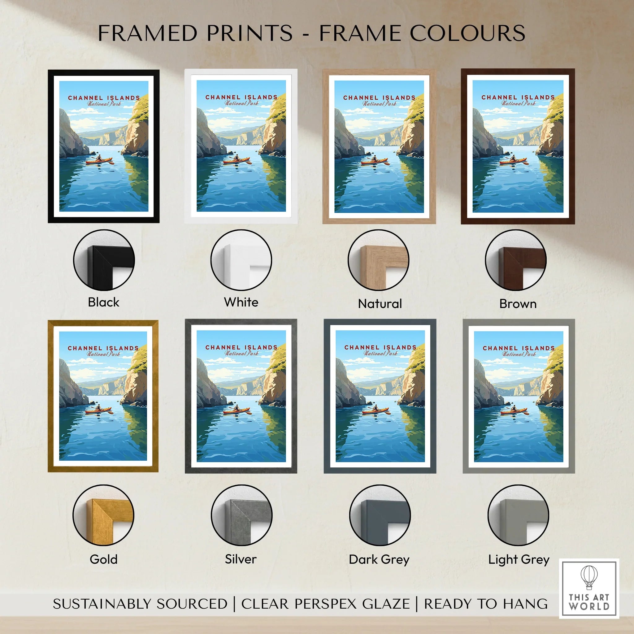 Channel Islands National Park travel poster print in eight frame color options, kayak on blue water.