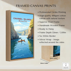 Framed Channel Islands National Park travel poster on canvas with wooden float frame, kayak scene.