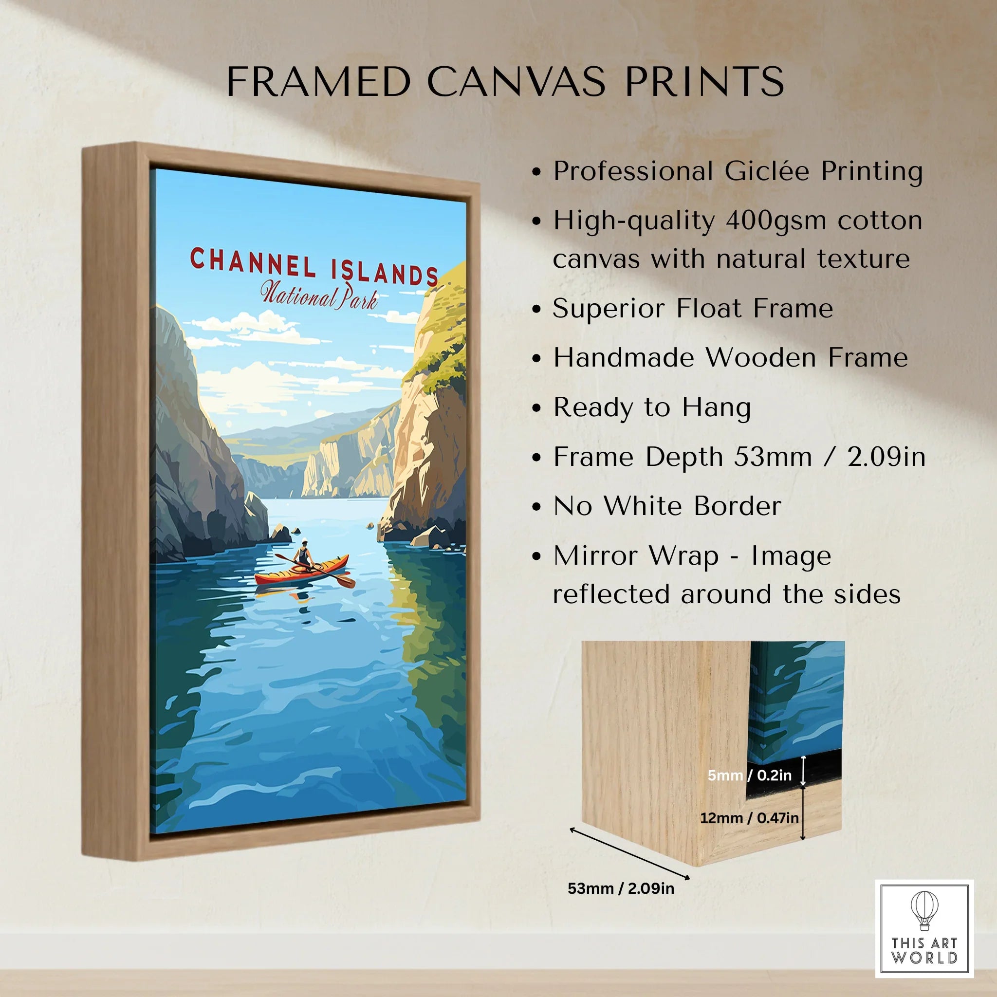 Framed Channel Islands National Park travel poster on canvas with wooden float frame, kayak scene.