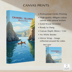 Channel Islands National Park canvas print with kayaker, blue ocean, and coastal cliffs