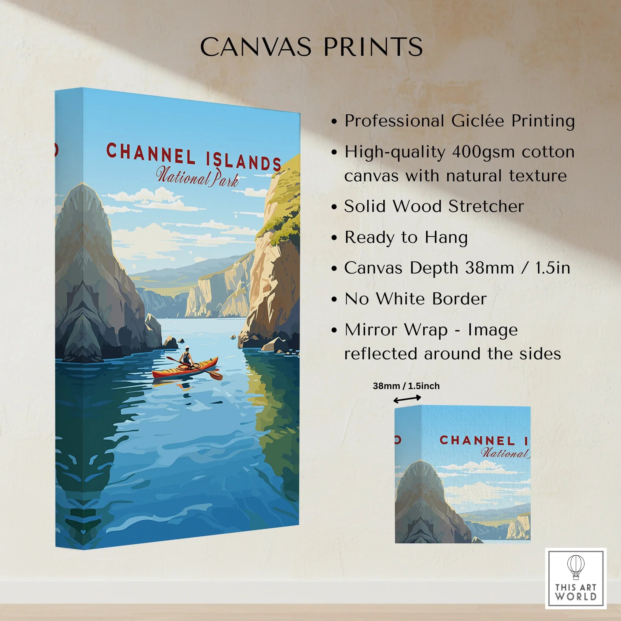 Channel Islands National Park canvas print with kayaker, blue ocean, and coastal cliffs