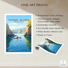 Channel Islands National Park art print showing a kayaker in blue water between rocky cliffs