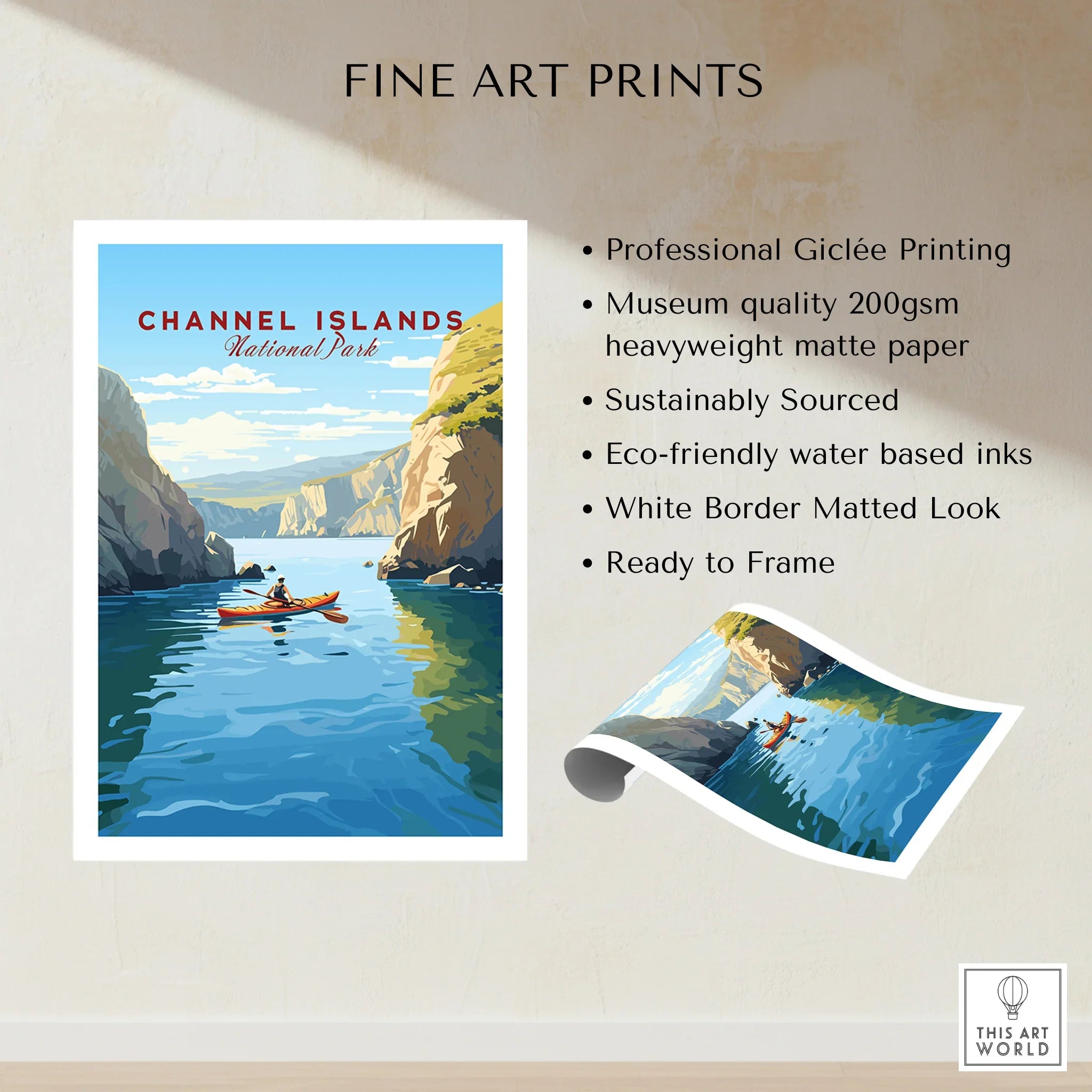 Channel Islands National Park art print showing a kayaker in blue water between rocky cliffs
