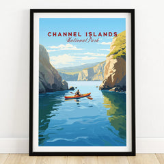 Channel Islands National Park art print in black frame, kayak on blue water between cliffs