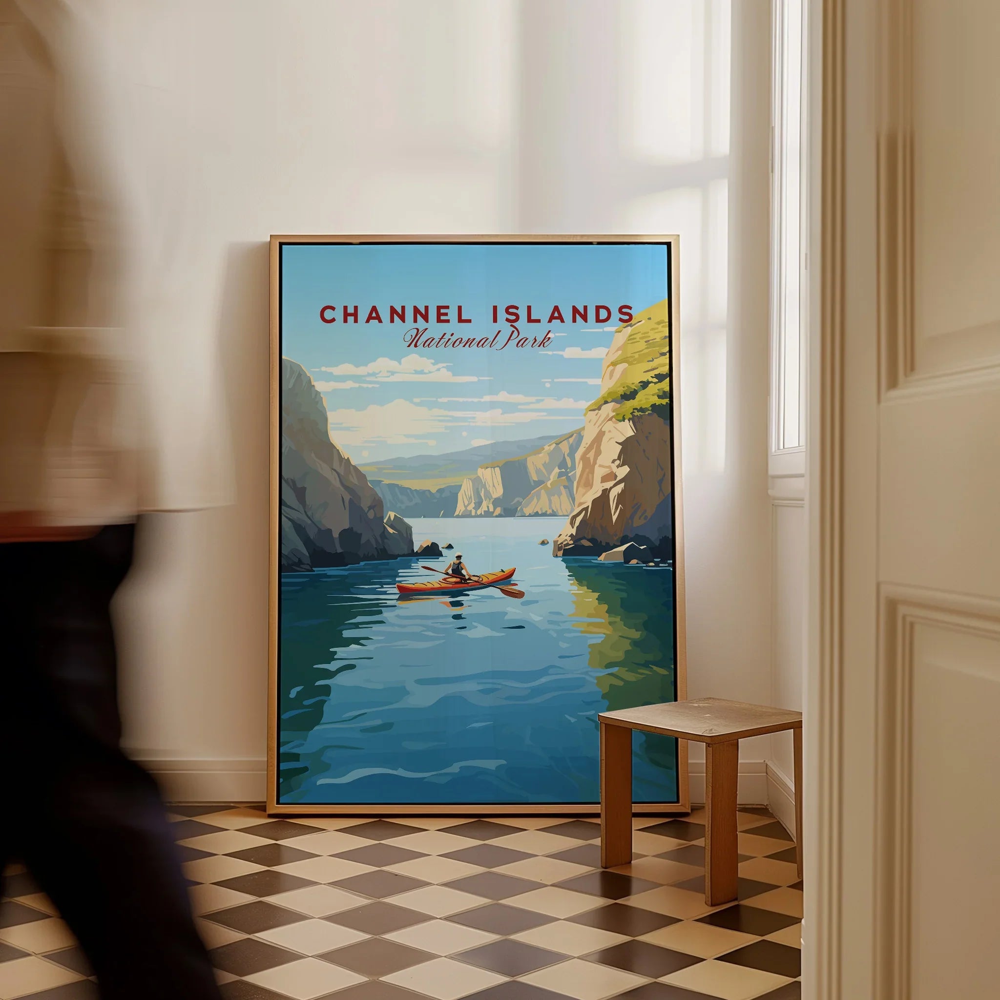 Framed Channel Islands National Park travel poster with kayak scene on checkered floor