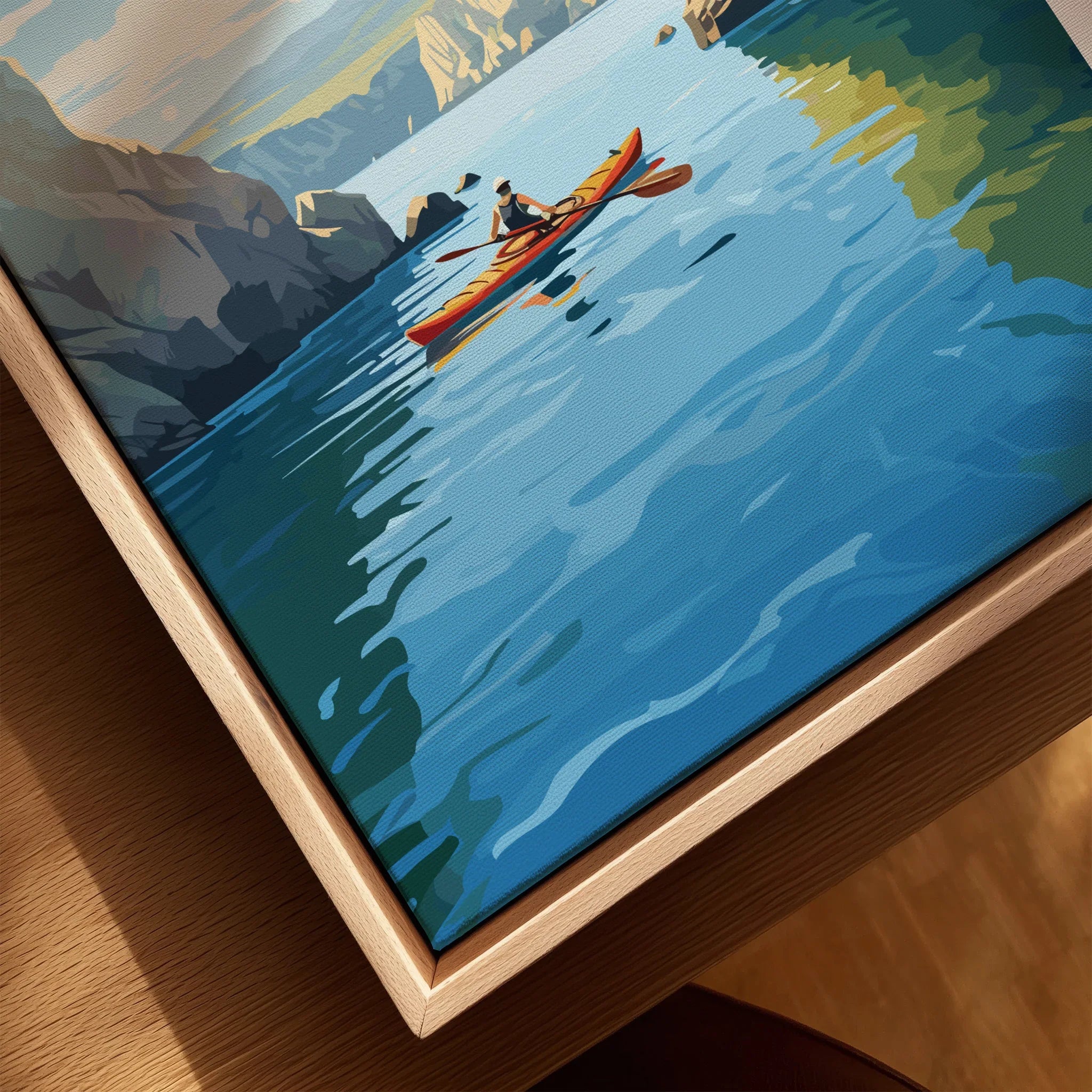Framed canvas print of a kayaker on blue water near rocky cliffs, Channel Islands National Park wall art
