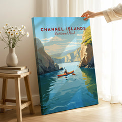 Channel Islands National Park canvas art with kayak scene, held in cozy room