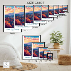Charlottesville Art Print - Virginia Travel Poster, Cityscape Wall Art size guide with various frame options.
