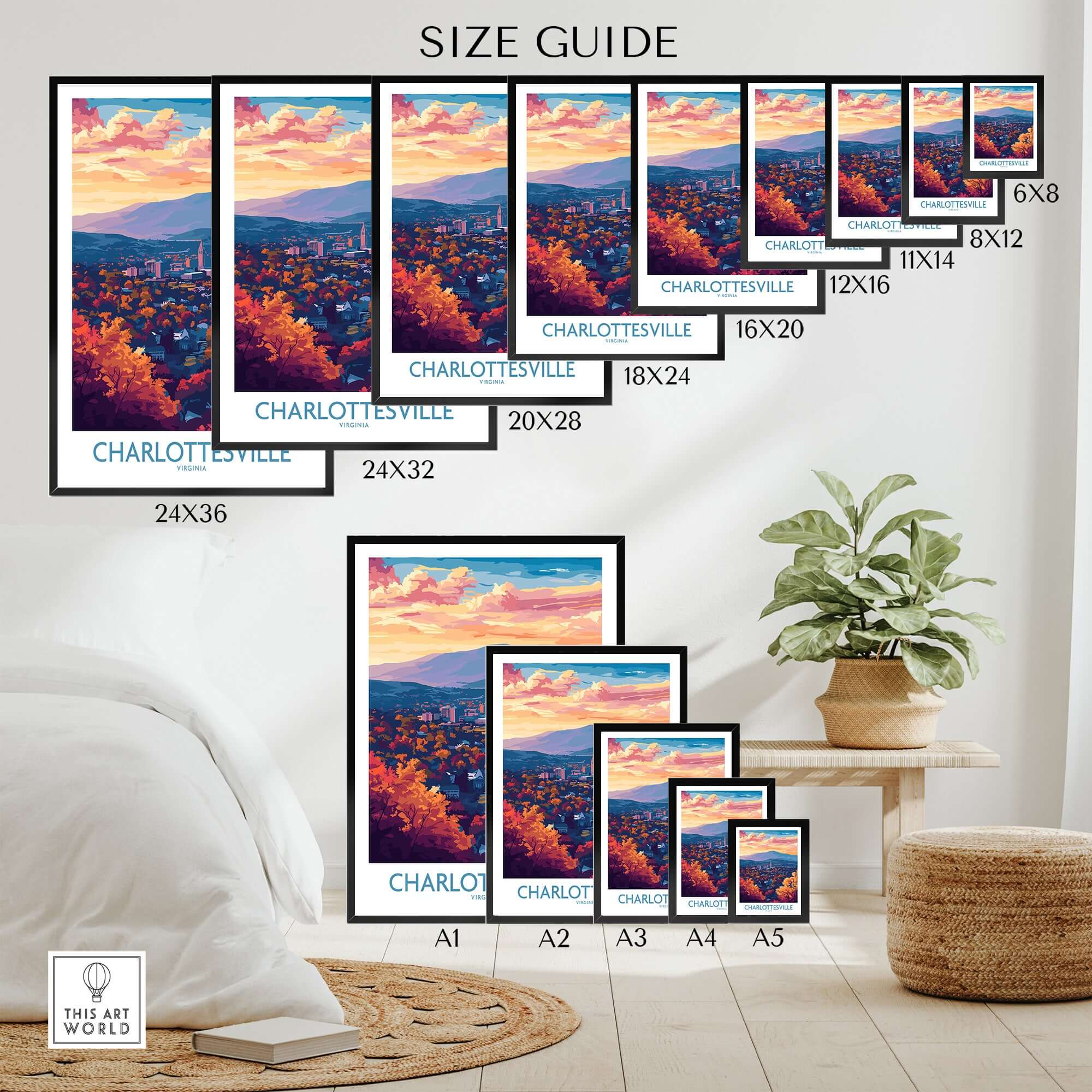 Charlottesville Art Print - Virginia Travel Poster, Cityscape Wall Art size guide with various frame options.