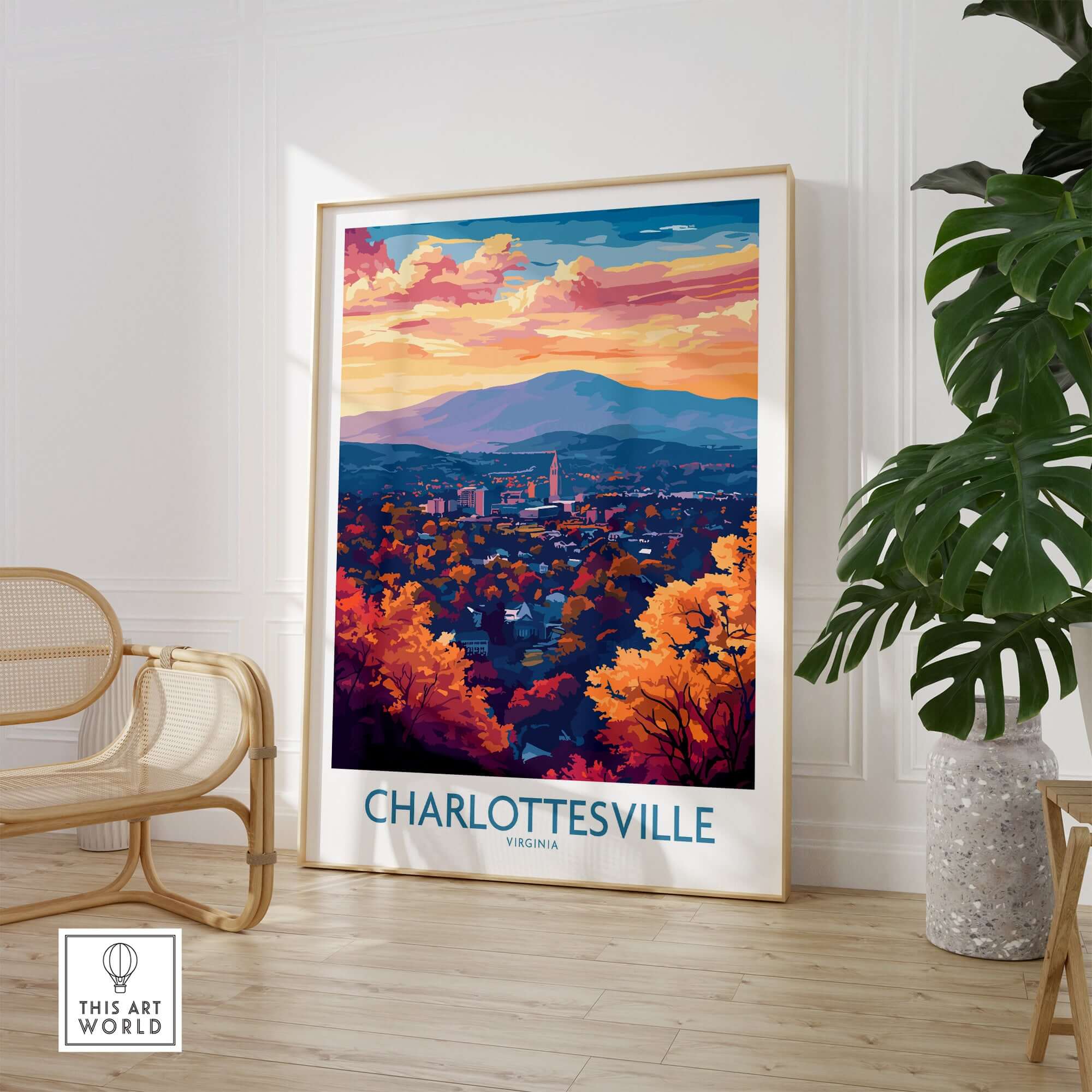 Charlottesville Art Print - Virginia Travel Poster, Cityscape Wall Art showcasing a vibrant cityscape and stunning scenery.