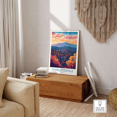 Charlottesville Art Print - Virginia Travel Poster, Cityscape Wall Art displayed in a cozy living room setting.
