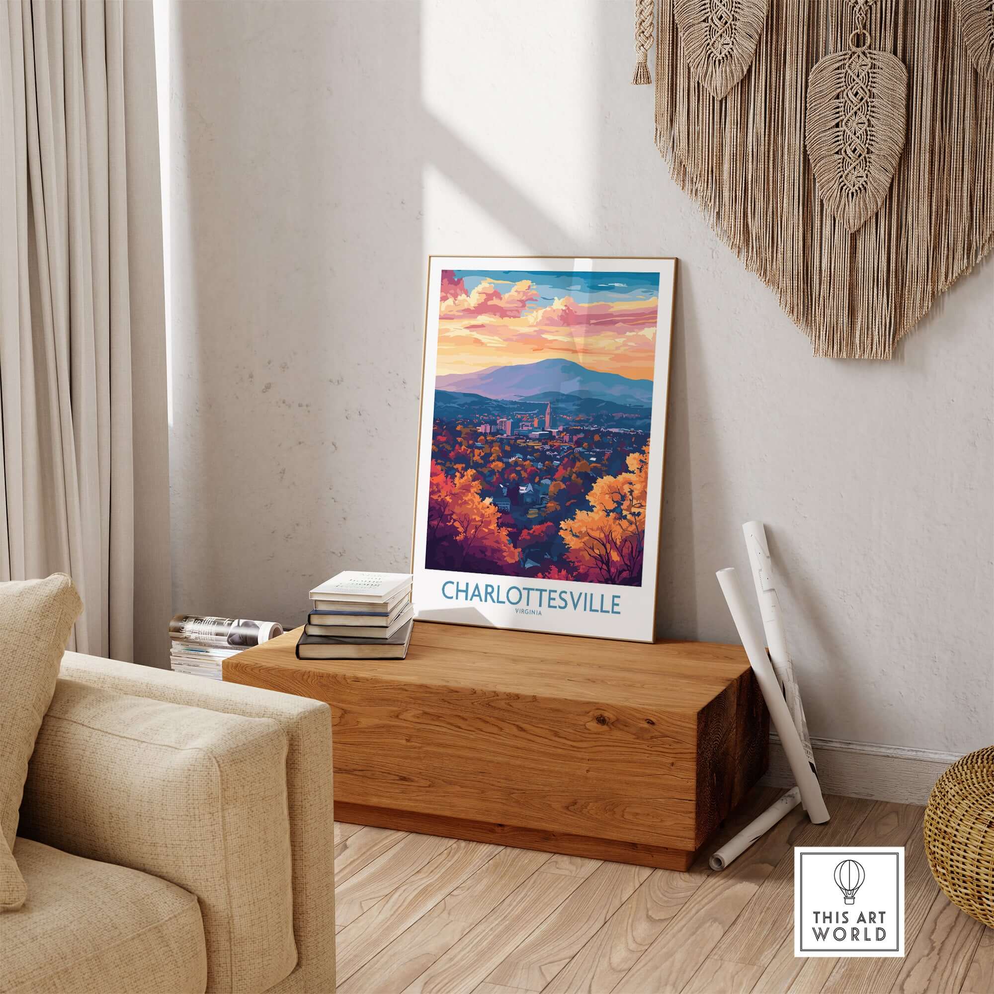 Charlottesville Art Print - Virginia Travel Poster, Cityscape Wall Art displayed in a cozy living room setting.