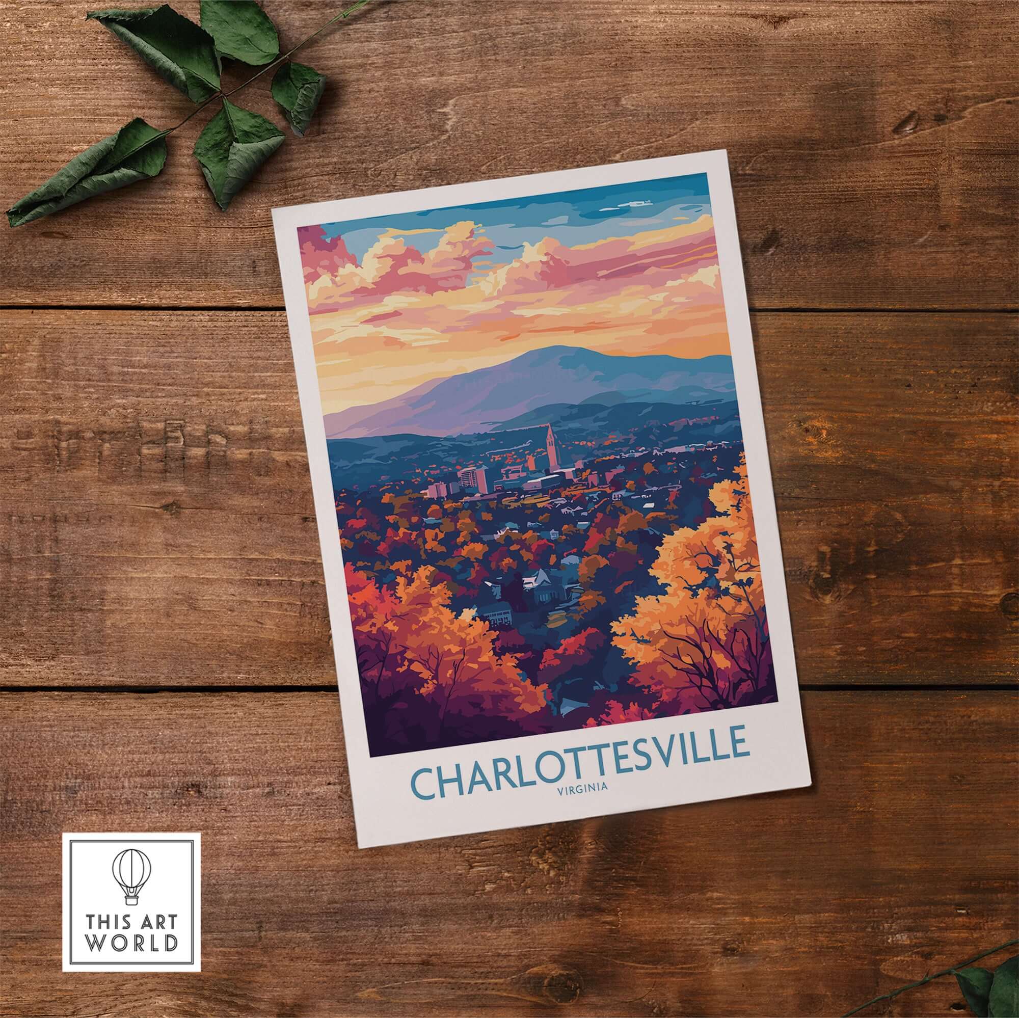 Charlottesville Art Print - Virginia Travel Poster, Cityscape Wall Art showcasing a vibrant sunset over Charlottesville.