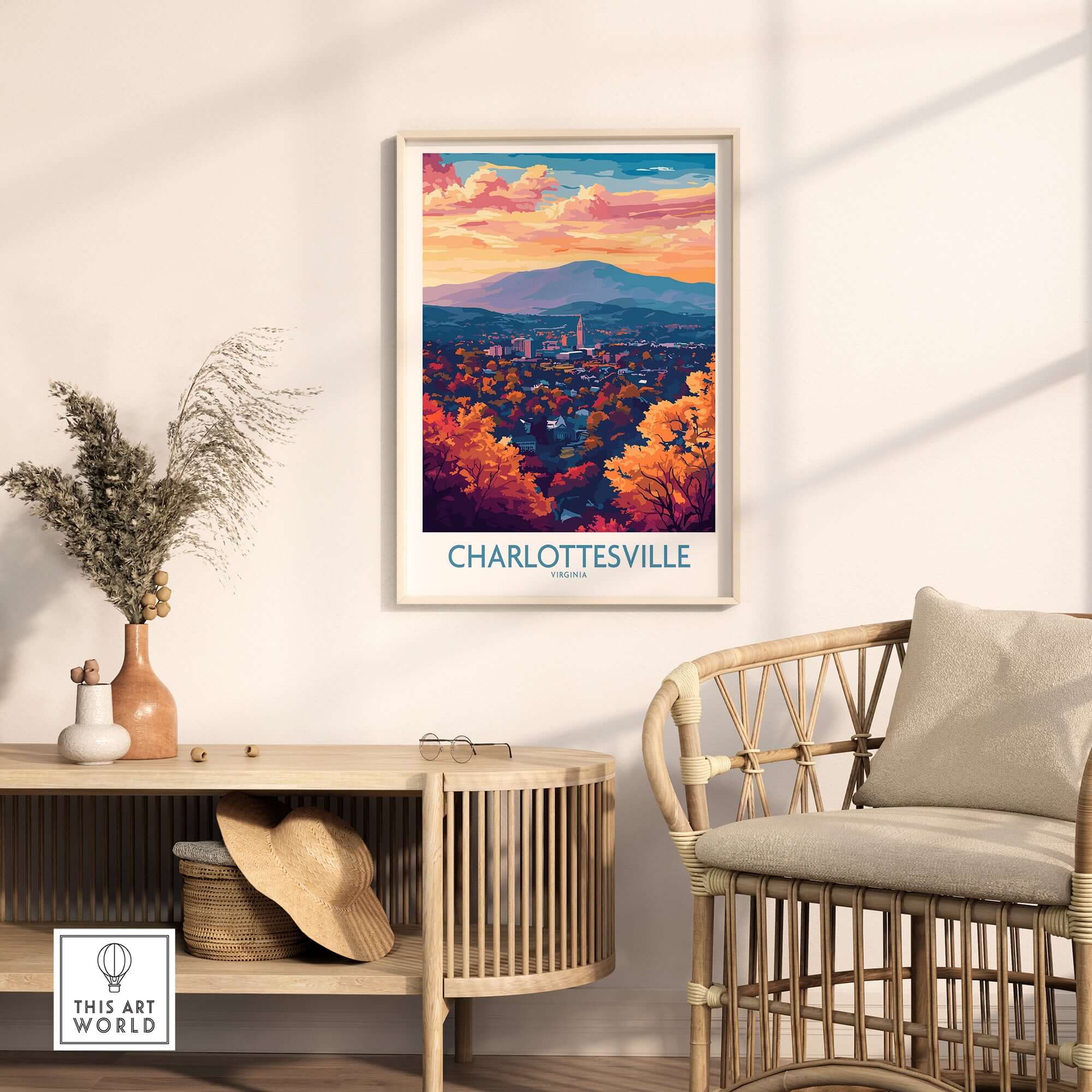 Charlottesville Art Print - Virginia Travel Poster, Cityscape Wall Art displayed in a stylish room setting.