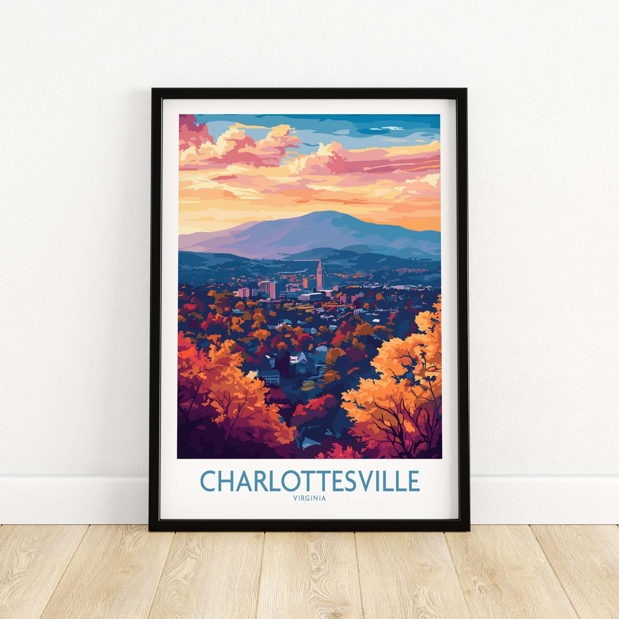 Charlottesville Art Print - Virginia Travel Poster, Cityscape Wall Art of vibrant Charlottesville cityscape and landscape.