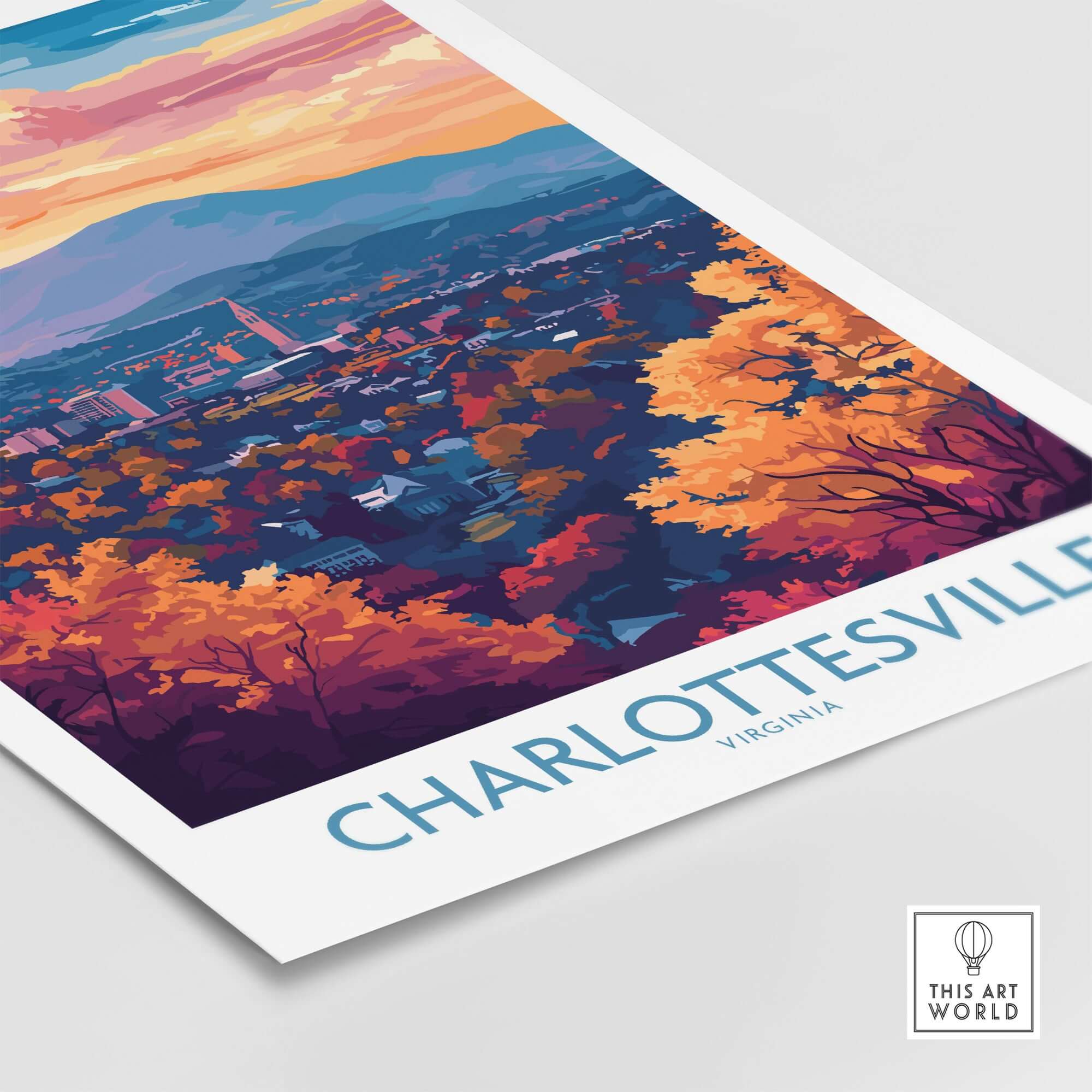 Charlottesville Art Print - Virginia Travel Poster, Cityscape Wall Art featuring a vibrant cityscape and autumn landscape.