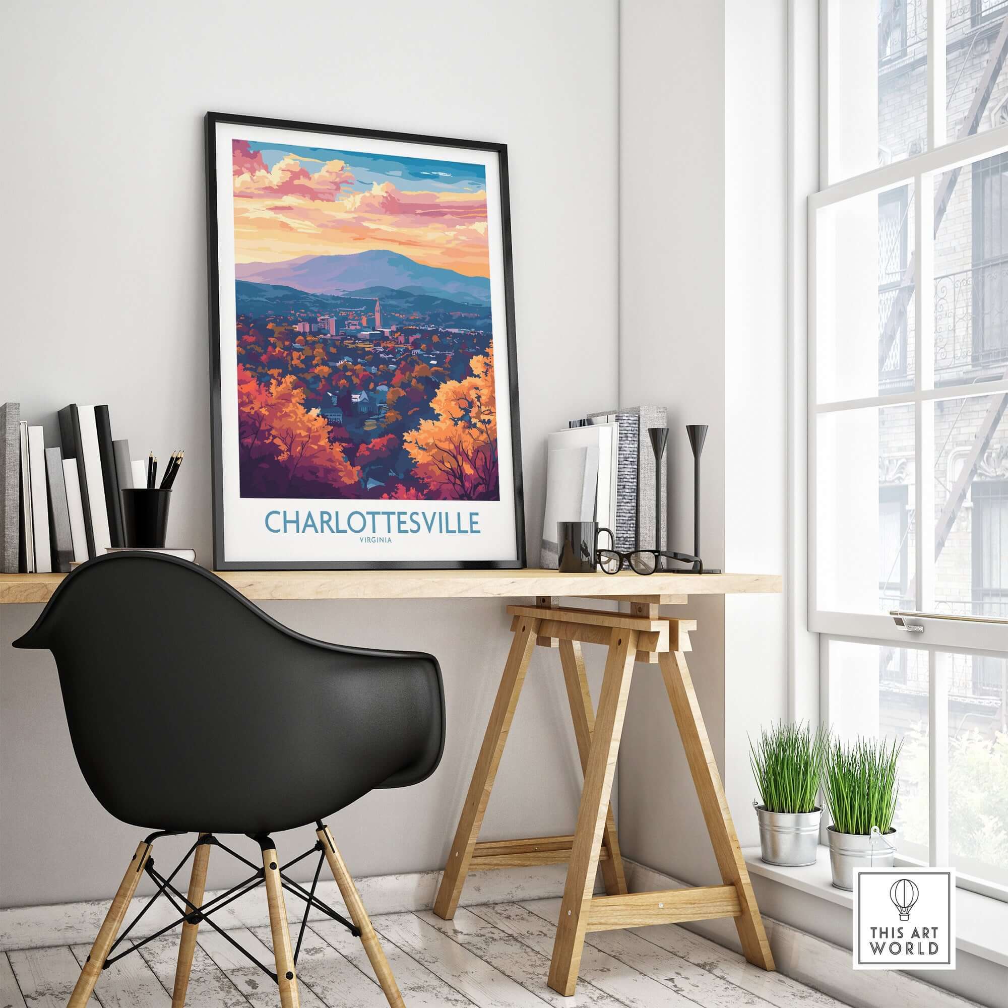 Charlottesville Art Print - Virginia Travel Poster, Cityscape Wall Art displayed in a stylish office setting.