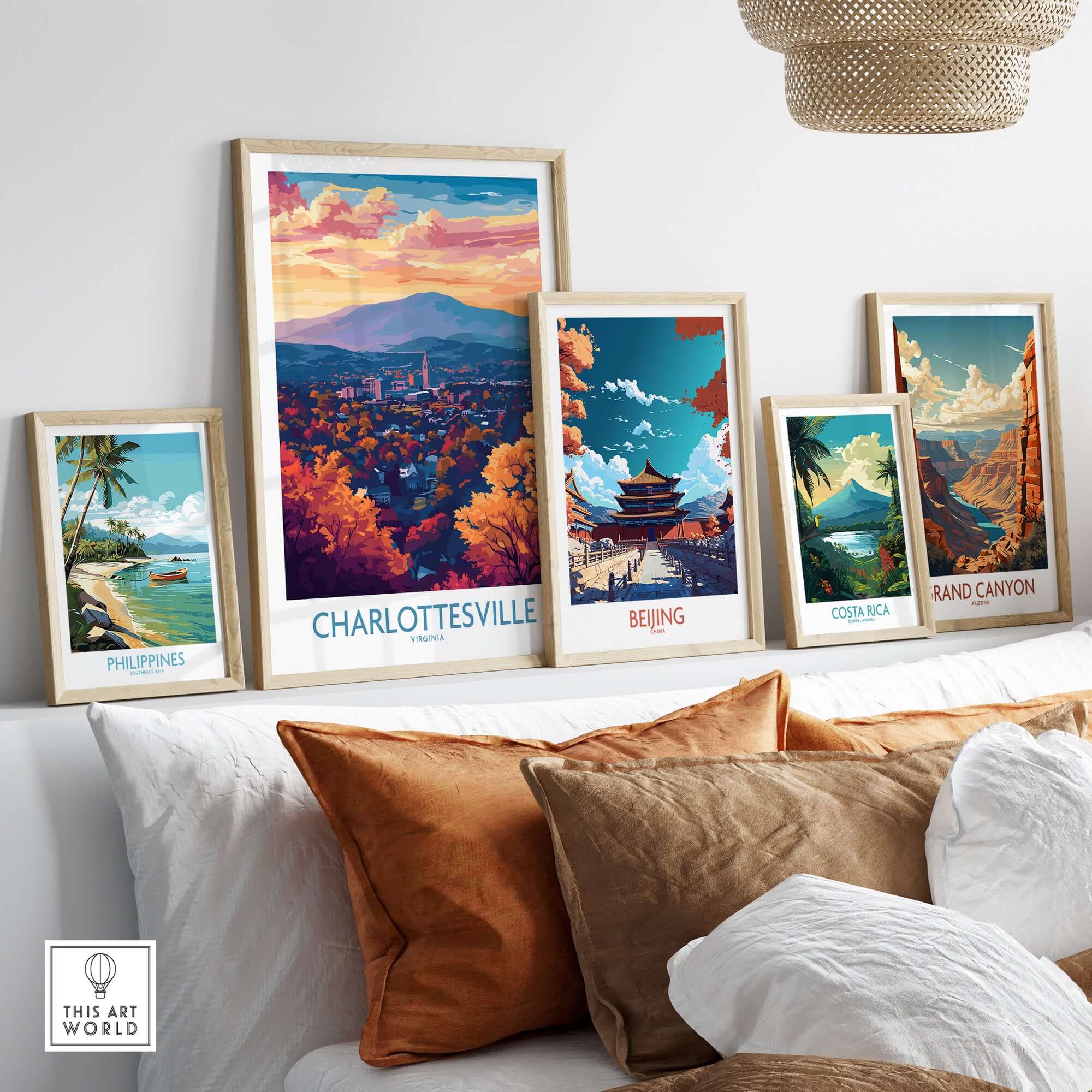 Charlottesville Art Print - Virginia Travel Poster, Cityscape Wall Art displayed in a stylish living room setting.