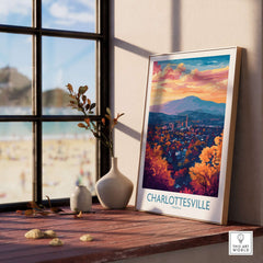 Charlottesville Art Print - Virginia Travel Poster, Cityscape Wall Art showcased in a cozy indoor setting with a view.